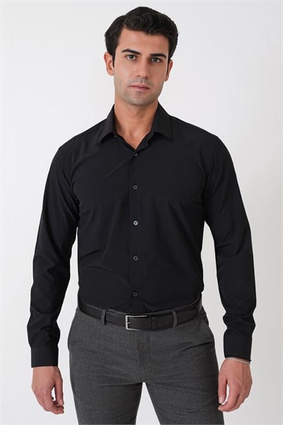 Slim Fit Esnek Pamuklu Siyah Gömlek G 1607