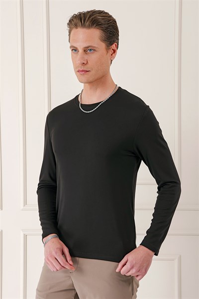 Slim Fit Esnek Pamuklu Uzun Kollu Acı Kahve Tişört Ts 870