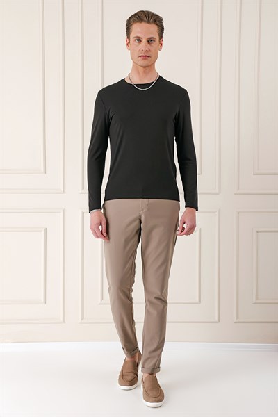 Slim Fit Esnek Pamuklu Uzun Kollu Acı Kahve Tişört Ts 870