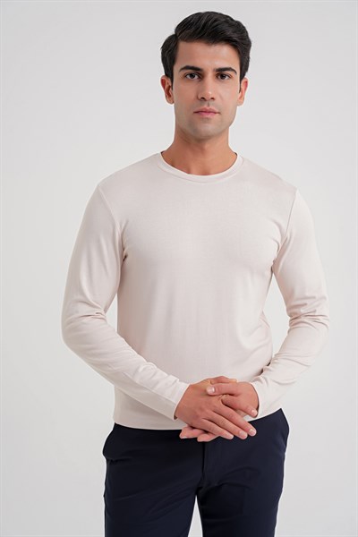 Slim Fit Esnek Pamuklu Uzun Kollu Açık Bej Tişört Ts 870