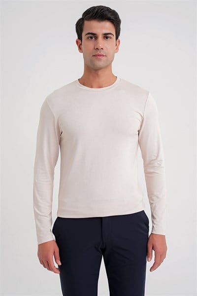 Slim Fit Esnek Pamuklu Uzun Kollu Açık Bej Tişört Ts 870