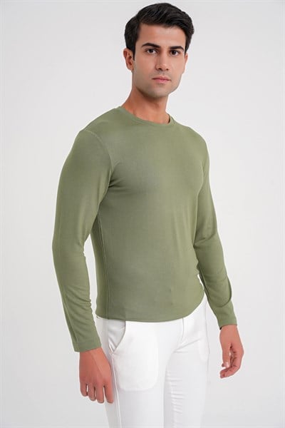 Slim Fit Esnek Pamuklu Uzun Kollu Açık Haki Tişört Ts 870