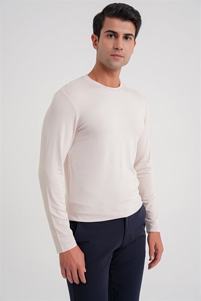 Slim Fit Esnek Pamuklu Uzun Kollu Açık Bej Tişört Ts 870