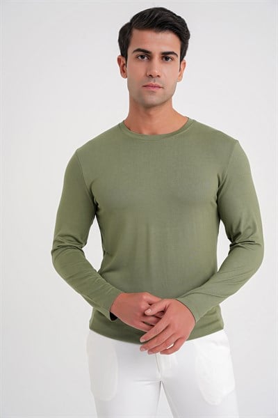 Slim Fit Esnek Pamuklu Uzun Kollu Açık Haki Tişört Ts 870