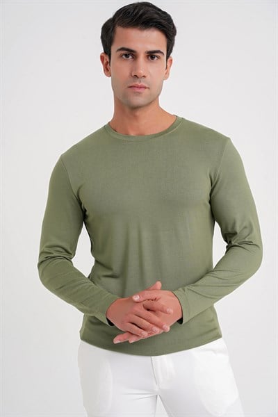Slim Fit Esnek Pamuklu Uzun Kollu Açık Haki Tişört Ts 870
