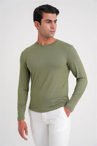 Slim Fit Esnek Pamuklu Uzun Kollu Açık Haki Tişört Ts 870