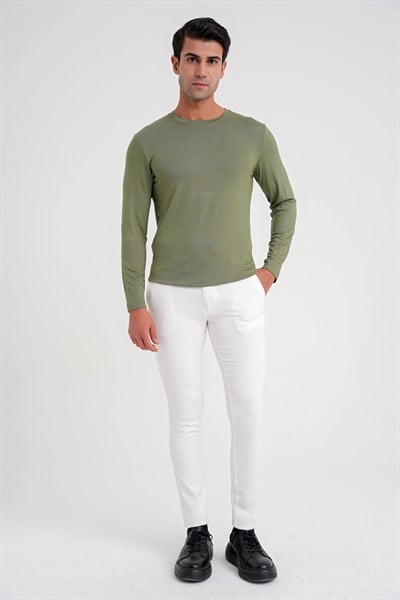 Slim Fit Esnek Pamuklu Uzun Kollu Açık Haki Tişört Ts 870