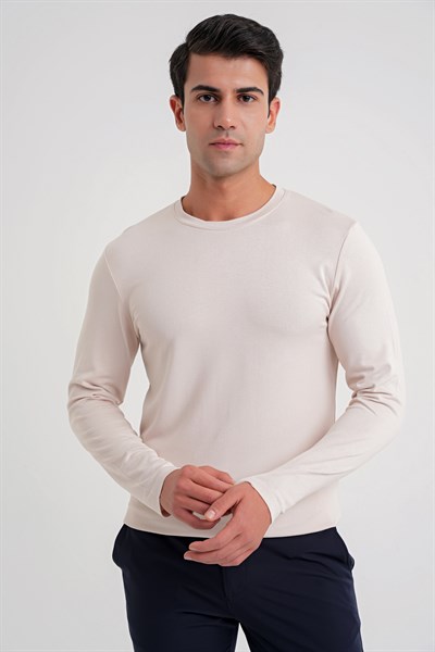 Slim Fit Esnek Pamuklu Uzun Kollu Açık Bej Tişört Ts 870