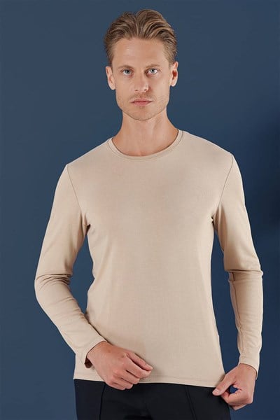 Slim Fit Esnek Pamuklu Uzun Kollu Bej Tişört Ts 870