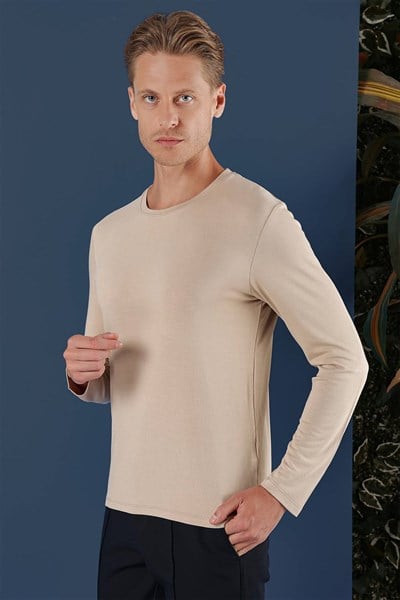 Slim Fit Esnek Pamuklu Uzun Kollu Bej Tişört Ts 870