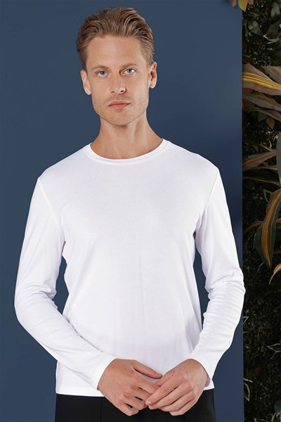 Slim Fit Esnek Pamuklu Uzun Kollu Beyaz Tişört Ts 870