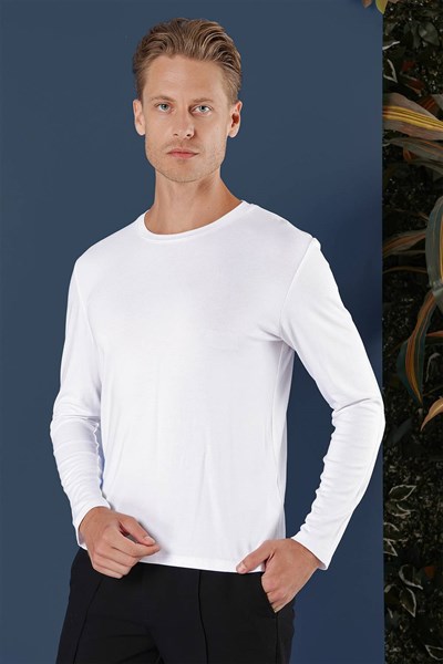 Slim Fit Esnek Pamuklu Uzun Kollu Beyaz Tişört Ts 870