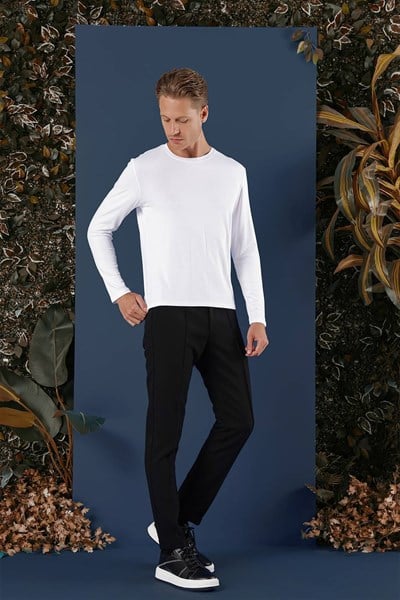 Slim Fit Esnek Pamuklu Uzun Kollu Beyaz Tişört Ts 870