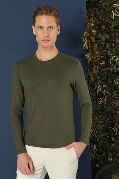 Slim Fit Esnek Pamuklu Uzun Kollu Haki Tişört Ts 870