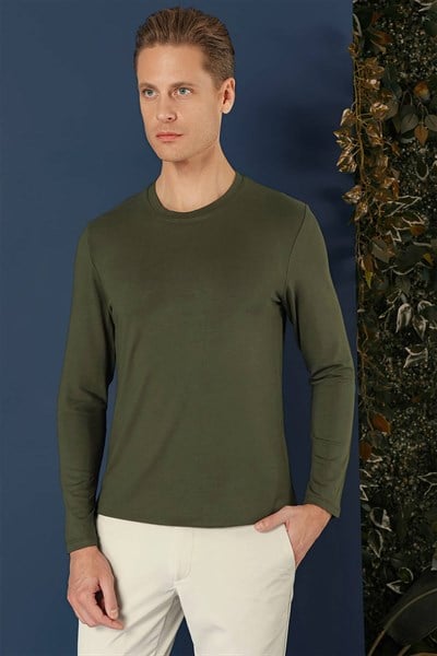 Slim Fit Esnek Pamuklu Uzun Kollu Haki Tişört Ts 870