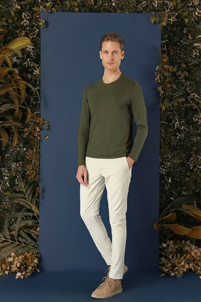 Slim Fit Esnek Pamuklu Uzun Kollu Haki Tişört Ts 870