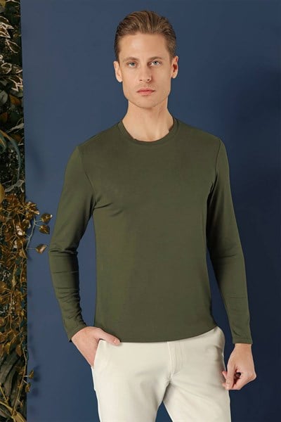 Slim Fit Esnek Pamuklu Uzun Kollu Haki Tişört Ts 870
