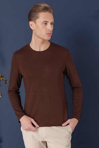 Slim Fit Esnek Pamuklu Uzun Kollu Kahverengi Tişört Ts 870