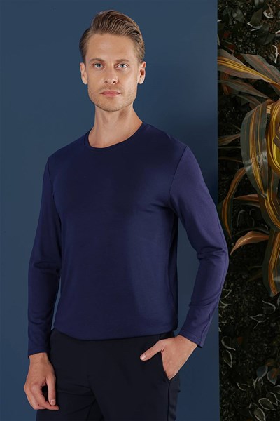Slim Fit Esnek Pamuklu Uzun Kollu Lacivert Tişört Ts 870
