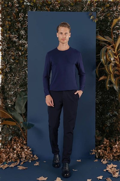 Slim Fit Esnek Pamuklu Uzun Kollu Lacivert Tişört Ts 870