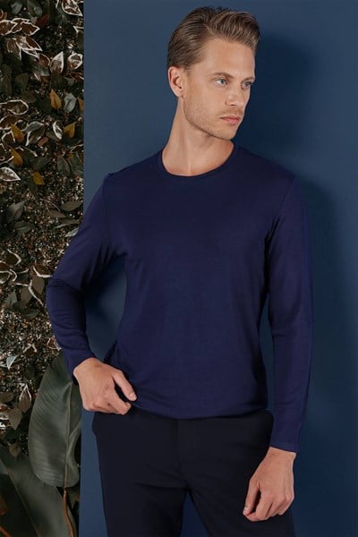 Slim Fit Esnek Pamuklu Uzun Kollu Lacivert Tişört Ts 870