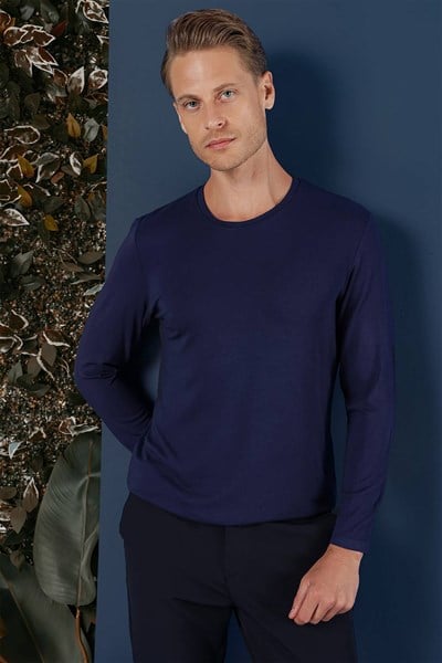 Slim Fit Esnek Pamuklu Uzun Kollu Lacivert Tişört Ts 870