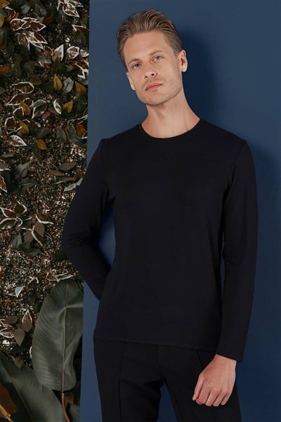 Slim Fit Esnek Pamuklu Uzun Kollu Siyah Tişört Ts 870