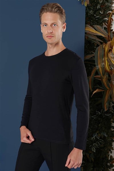 Slim Fit Esnek Pamuklu Uzun Kollu Siyah Tişört Ts 870