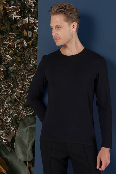 Slim Fit Esnek Pamuklu Uzun Kollu Siyah Tişört Ts 870
