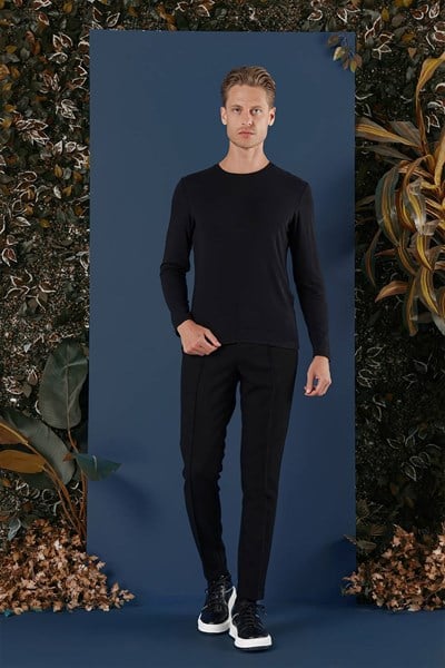 Slim Fit Esnek Pamuklu Uzun Kollu Siyah Tişört Ts 870