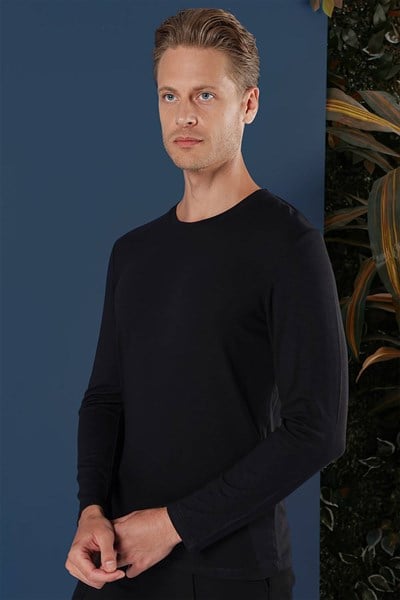 Slim Fit Esnek Pamuklu Uzun Kollu Siyah Tişört Ts 870