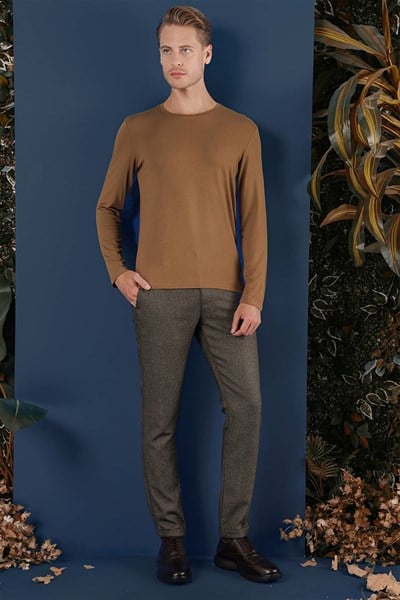 Slim Fit Esnek Pamuklu Uzun Kollu Tarçın Tişört Ts 870