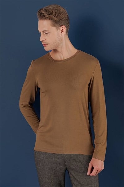 Slim Fit Esnek Pamuklu Uzun Kollu Tarçın Tişört Ts 870