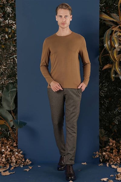 Slim Fit Esnek Pamuklu Uzun Kollu Tarçın Tişört Ts 870