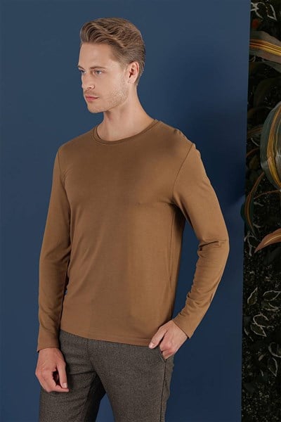 Slim Fit Esnek Pamuklu Uzun Kollu Tarçın Tişört Ts 870