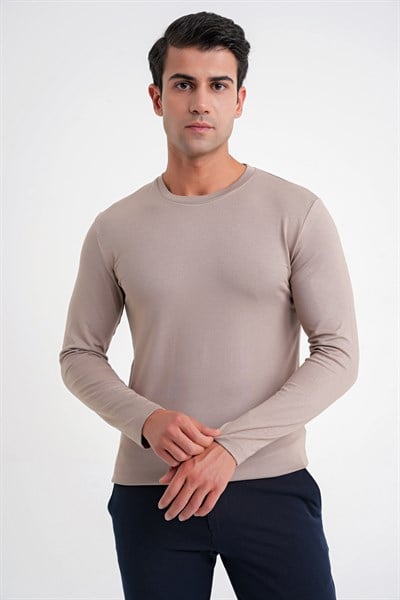 Slim Fit Esnek Pamuklu Uzun Kollu Vizon Tişört Ts 870