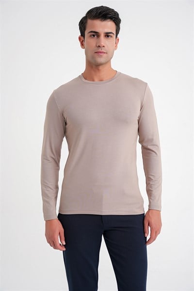 Slim Fit Esnek Pamuklu Uzun Kollu Vizon Tişört Ts 870