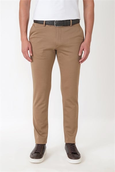 Slim Fit Esnek Pamuklu Yan Cepli Koyu Bej Pantolon P 1231