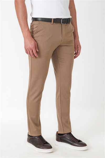 Slim Fit Esnek Pamuklu Yan Cepli Koyu Bej Pantolon P 1231