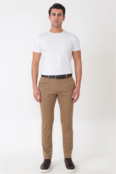 Slim Fit Esnek Pamuklu Yan Cepli Koyu Bej Pantolon P 1231