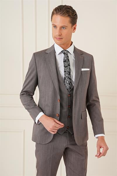 Slim Fit Esnek Yelekli Klasik Vizon Takım Elbise Tk 897
