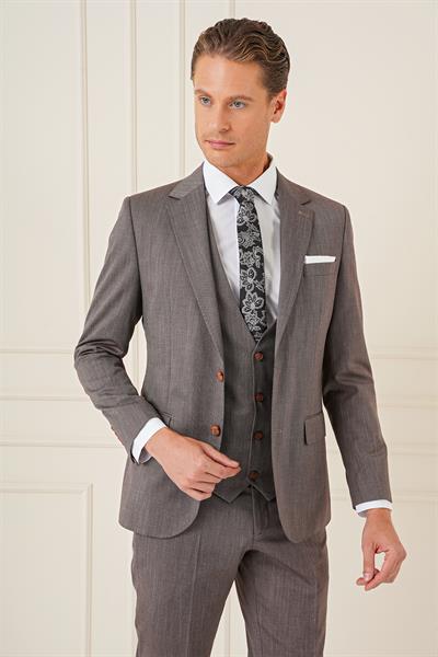Slim Fit Esnek Yelekli Klasik Vizon Takım Elbise Tk 897