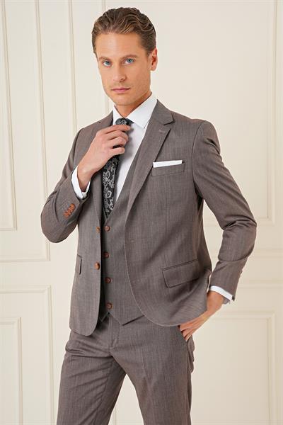 Slim Fit Esnek Yelekli Klasik Vizon Takım Elbise Tk 897
