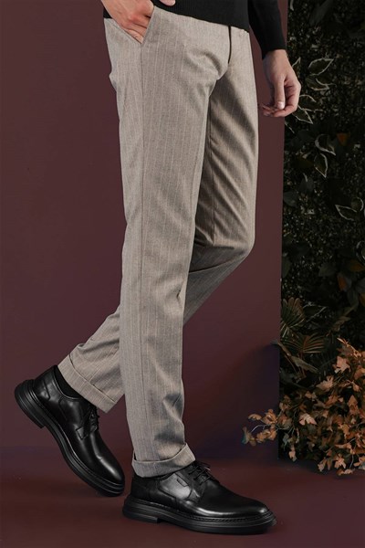 Slim Fit Esnek Yünlü Çizgili Bej Kumaş Pantolon P 1134