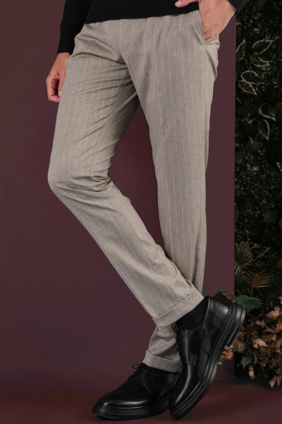 Slim Fit Esnek Yünlü Çizgili Bej Kumaş Pantolon P 1134