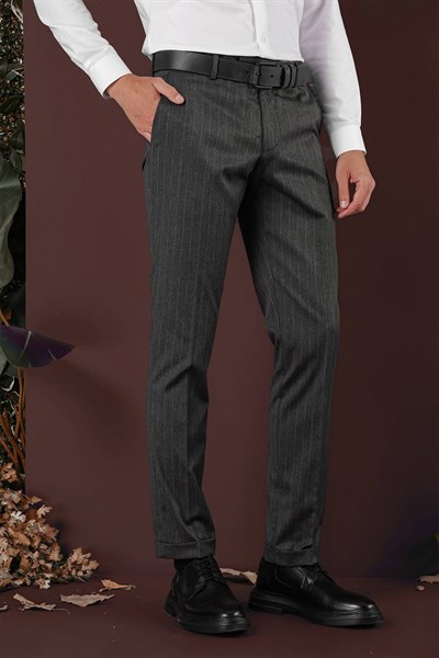 Slim Fit Esnek Yünlü Çizgili Füme Kumaş Pantolon P 1134