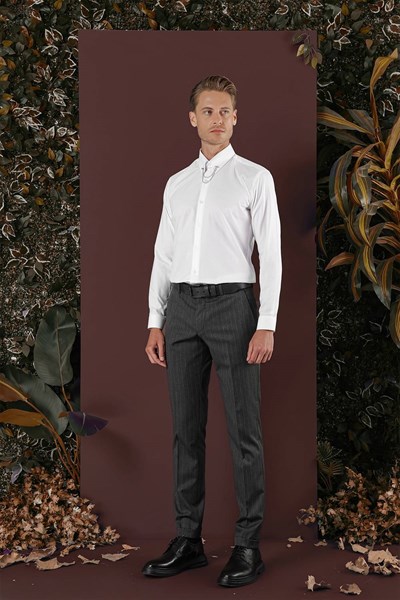 Slim Fit Esnek Yünlü Çizgili Füme Kumaş Pantolon P 1134