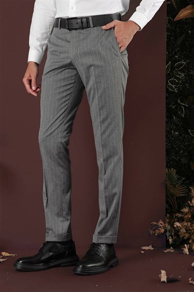 Slim Fit Esnek Yünlü Çizgili Gri Kumaş Pantolon P 1134