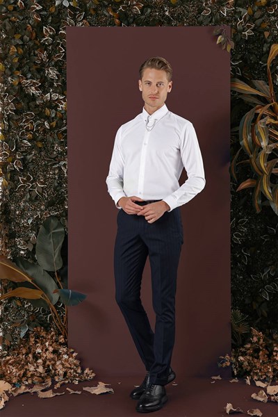 Slim Fit Esnek Yünlü Çizgili Lacivert Kumaş Pantolon P 1134