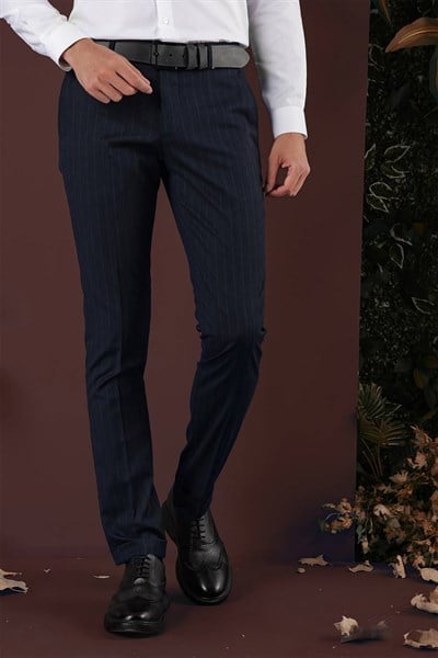 Slim Fit Esnek Yünlü Çizgili Lacivert Kumaş Pantolon P 1134